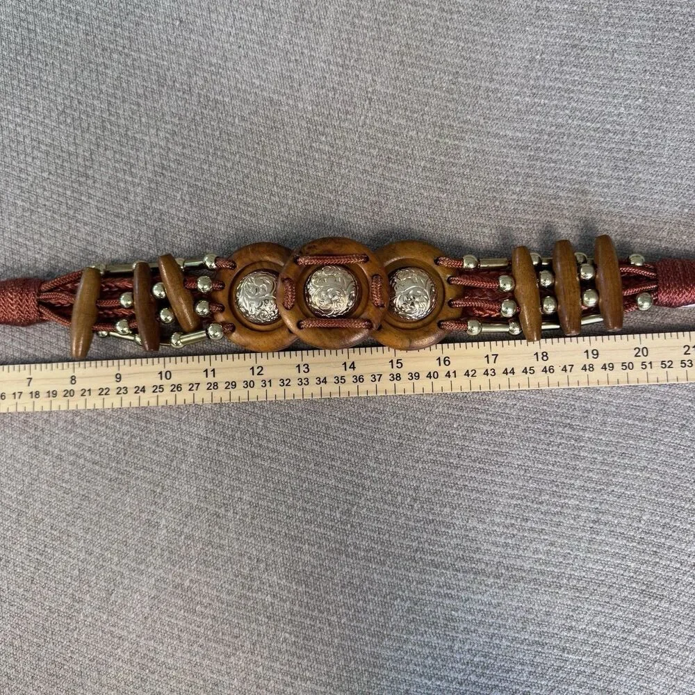 VTG Braided Rope Belt Macrame Woven Boho Style Wood Beads Gold 80s Vibe 545